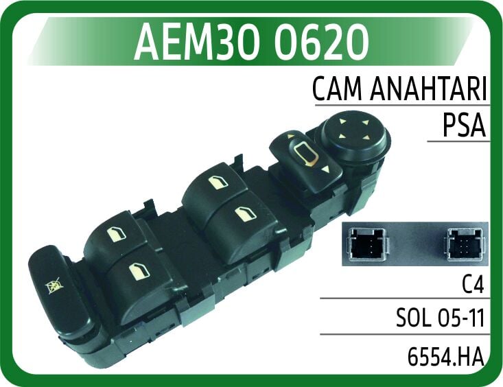 AEM30 0620 CAM AÇMA ANAHTARI CITROEN C4 SOL 04-11 DÖRTLÜ- AYNA AYARLI ÇERÇEVESİZ