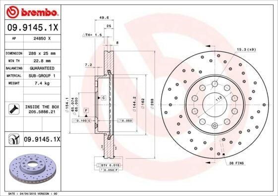 BREMBO 0991451X FREN DİSKİ ÖN VW CADDY-PASSAT-GOLF 5/6/7- SKODA OCTAVIA FORD CONNECT 23> ÇAP: 288mm. KALINLIK: 25mm Delik: 9