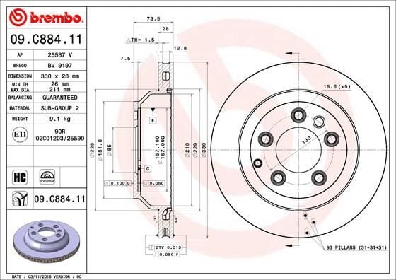 BREMBO 09C88411 ARKA FREN AYNASI HAVALI TOUAREG 2.5 R5 TDI/3.2 V6 03- 4.2 V8/5.0 V10 TDI 02- 3.0 V6 TDI 04- 6.0 W12 986479095-DF4487S