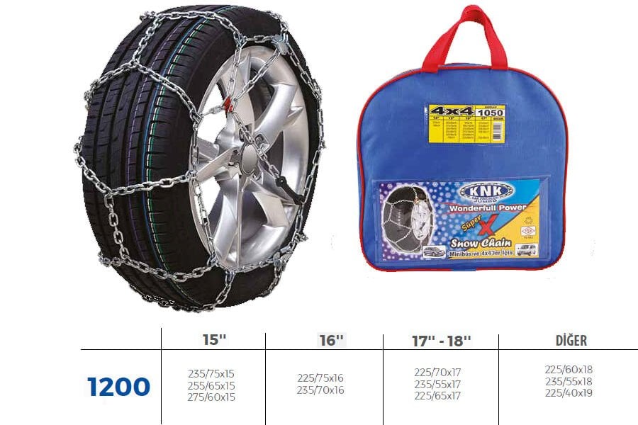 KNK4 1200 PATİNAJ ZİNCİRİ 4x4 JEEP - MİNİBÜS VE HAFİF TİC.ARAÇ ZİNCİR EBATLARI İÇİN RESİME BAKINIZ