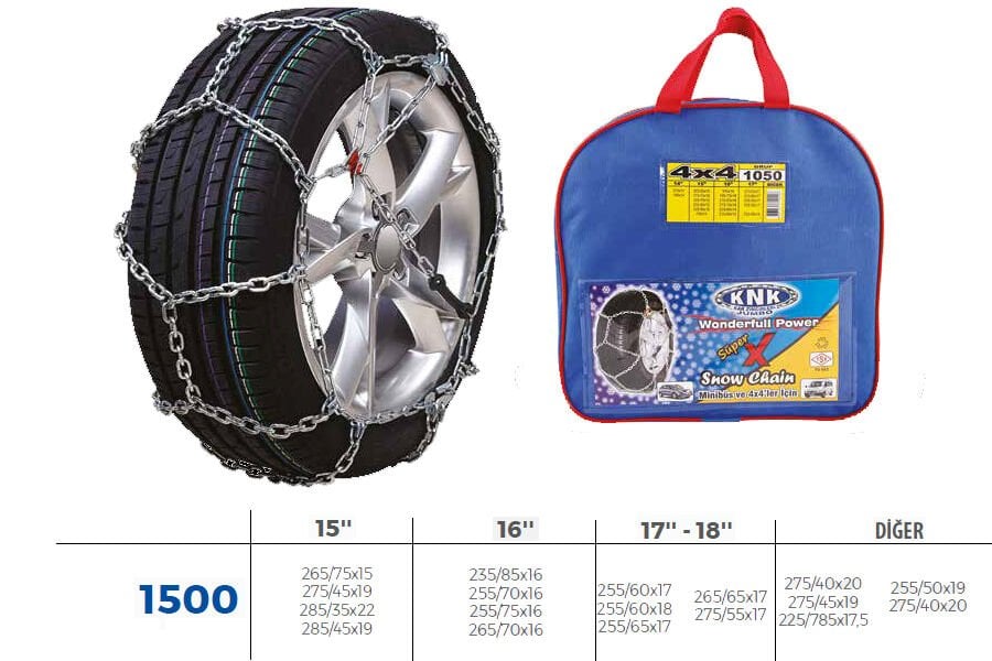 KNK4 1500 PATİNAJ ZİNCİRİ 4x4 JEEP - MİNİBÜS VE HAFİF TİC.ARAÇ ZİNCİR EBATLARI İÇİN RESİME BAKINIZ