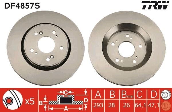 TRW DF4857S ÖN FREN DİSKİ HAVA KANALLI HONDA CR-V 2.0L R20A2 RE5 06-12 / 2.2L N22A CTDi RE6 dizel 06-> / 1.6L N16A2 RE6 İ-DTEC dizel 4x2 13-> 293 çap x 5 bijon - Adet disk fiyatıdır